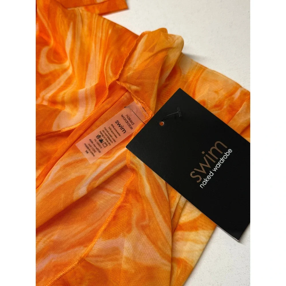 Naked Wardrobe Swim Orange Marble Mesh Long Sleeve Mini‎ Dress Cover Up XS
